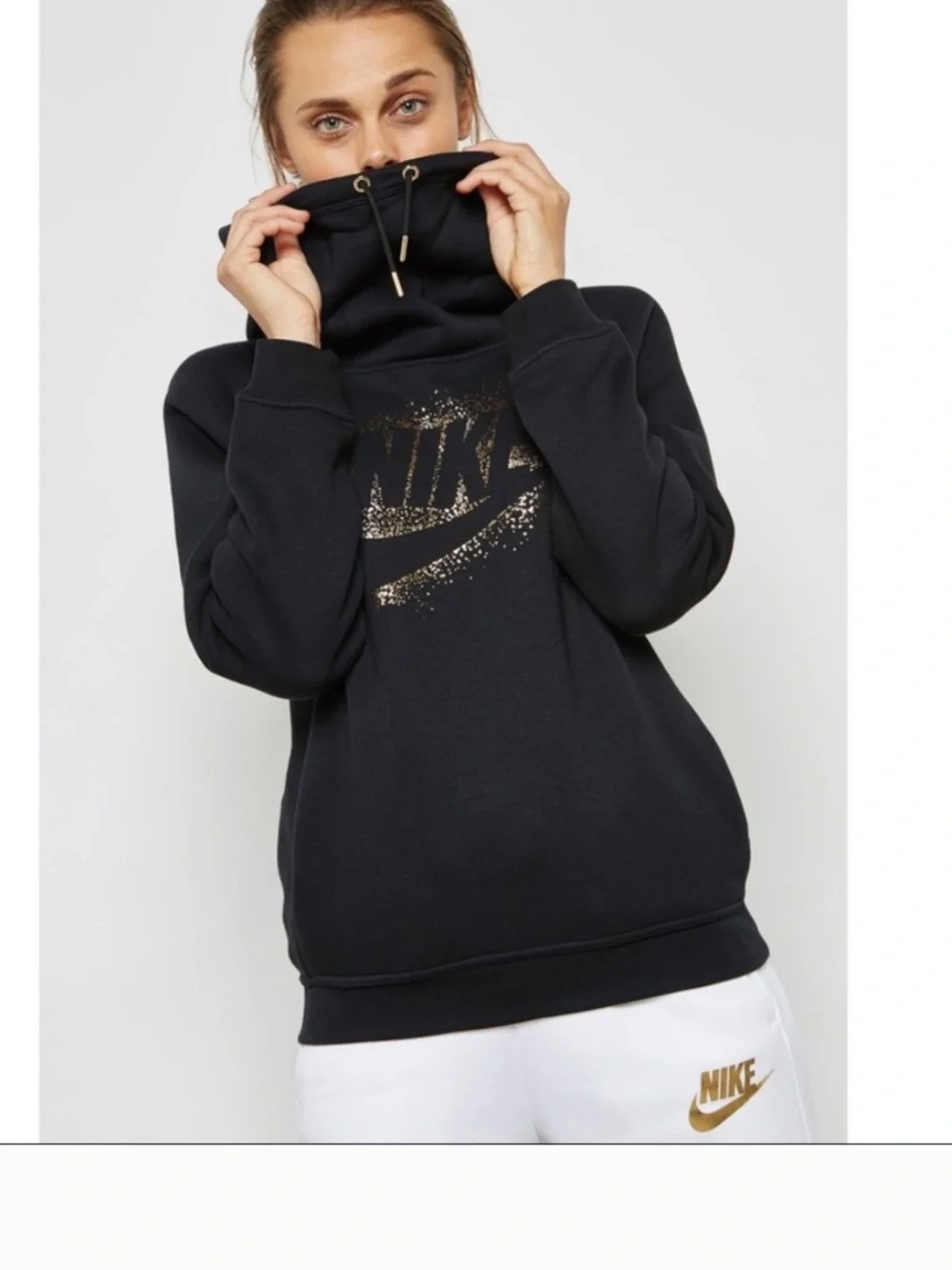 Nike Sportswear Rally Black and Gold Metallic Funnel Neck Hoodie Size Medium